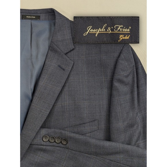 Joseph Feiss Gold Wool Blazer Sport Coat Suit Jacket Blue Plaid52R 54